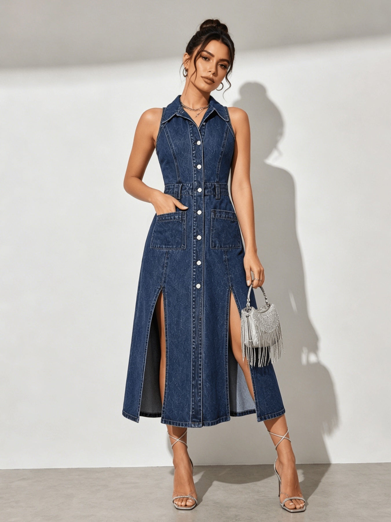 Women's Retro Washed Denim Midi Dress