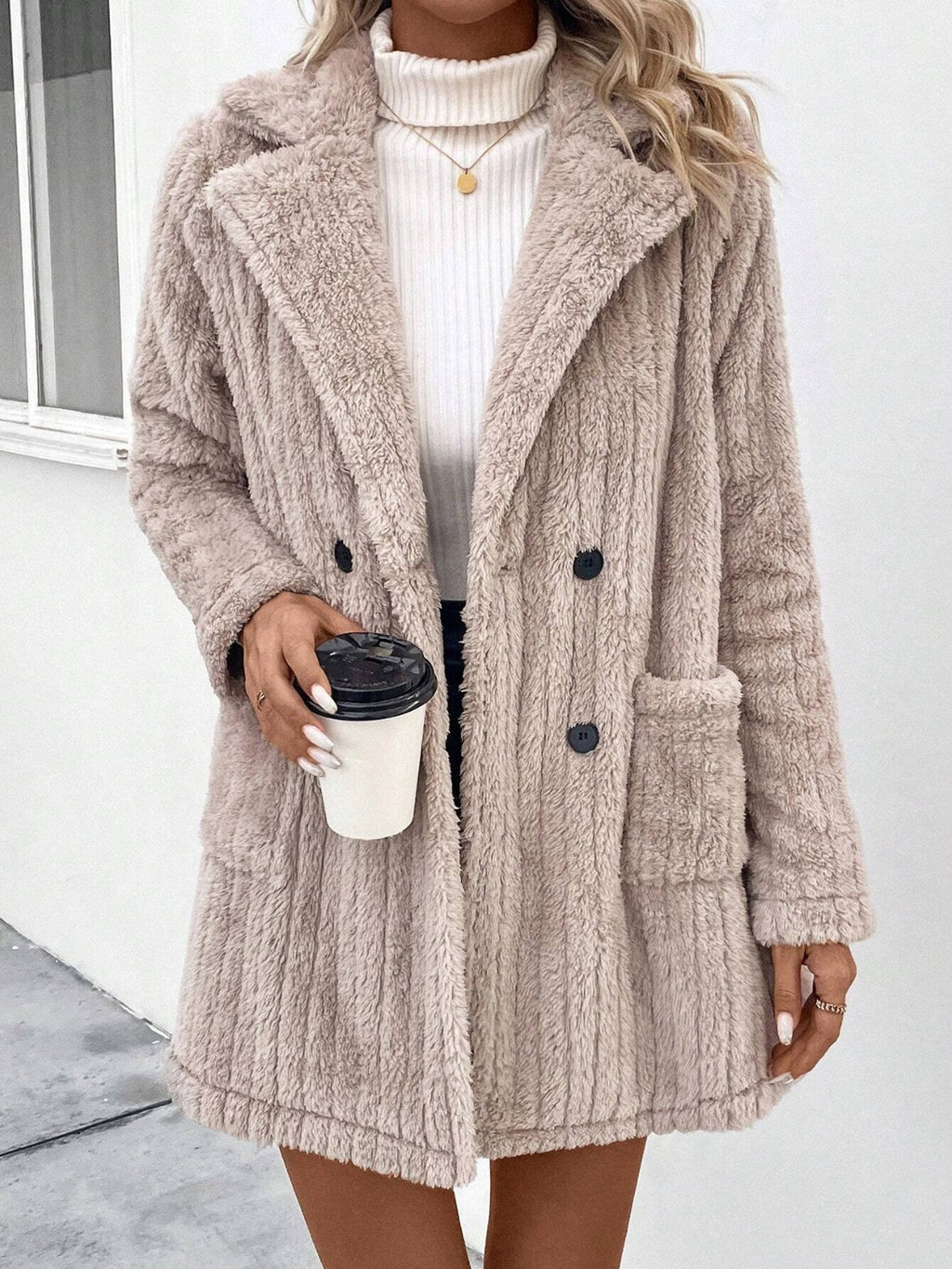 Fuzzy Button Up Long Sleeve Coat with Pocket