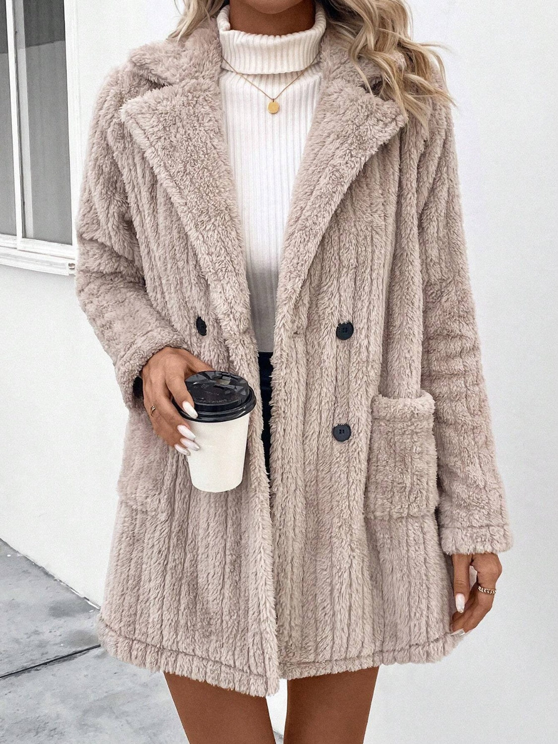 Fuzzy Button Up Long Sleeve Coat with Pocket