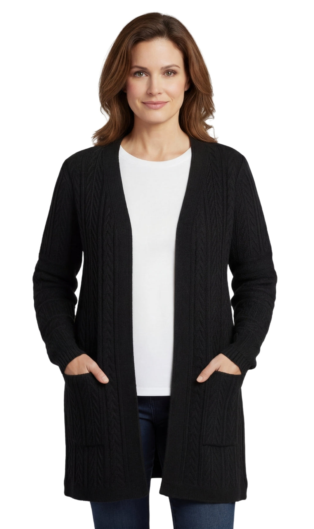Women's cable knit duster cardigan with pockets