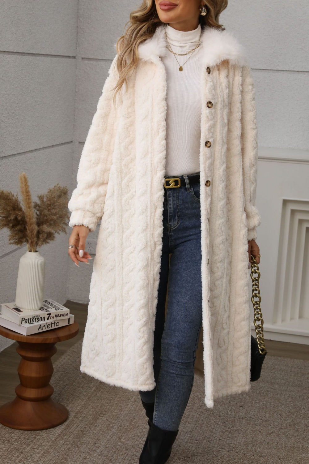 Coat-Furry Button Up Long Sleeve Longline