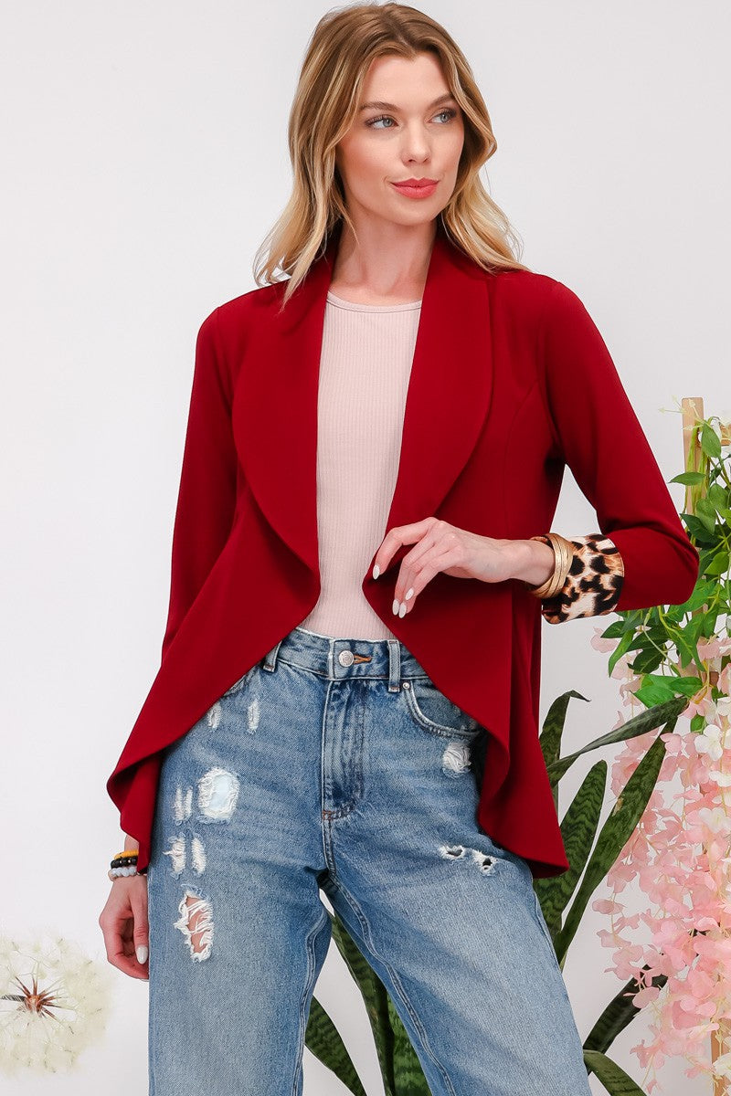 Blazer-Rolled Leopard Cuff Open Front Blazer