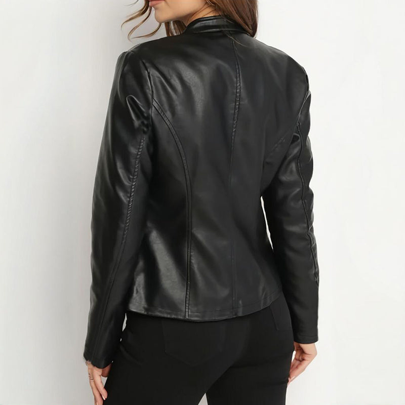 Long Sleeve Stand Collar Faux Leather Blazer