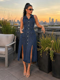 Women's Retro Washed Denim Midi Dress