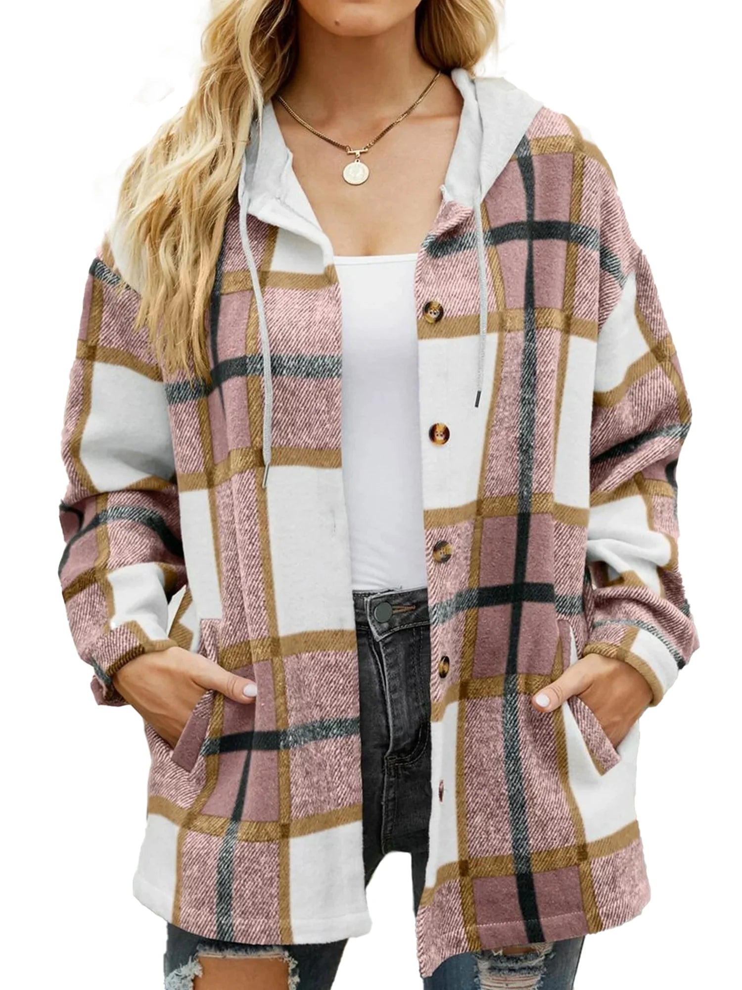  Hooded Shacket Jacket with Pocket