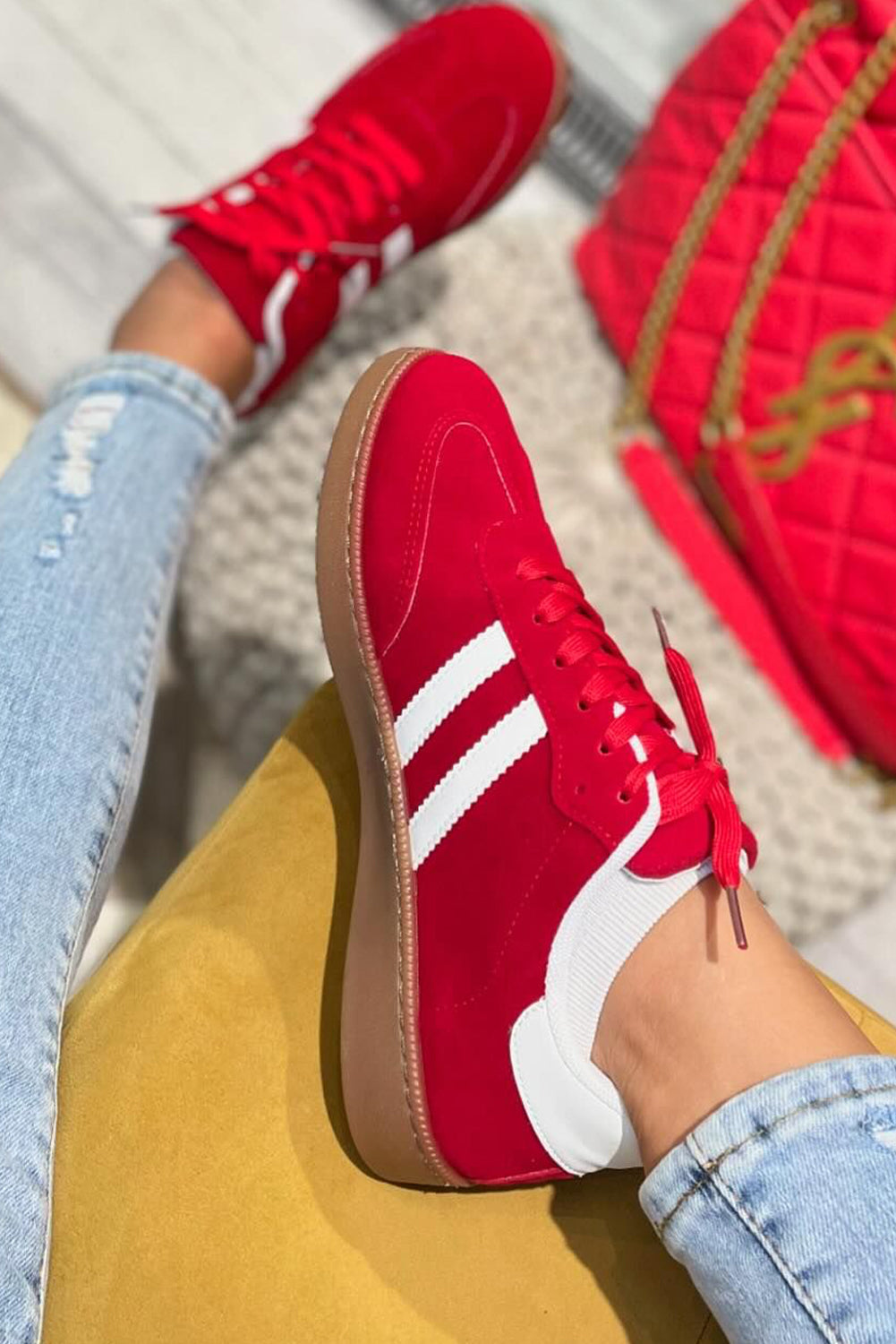 Red Lace-up Flat Shoes