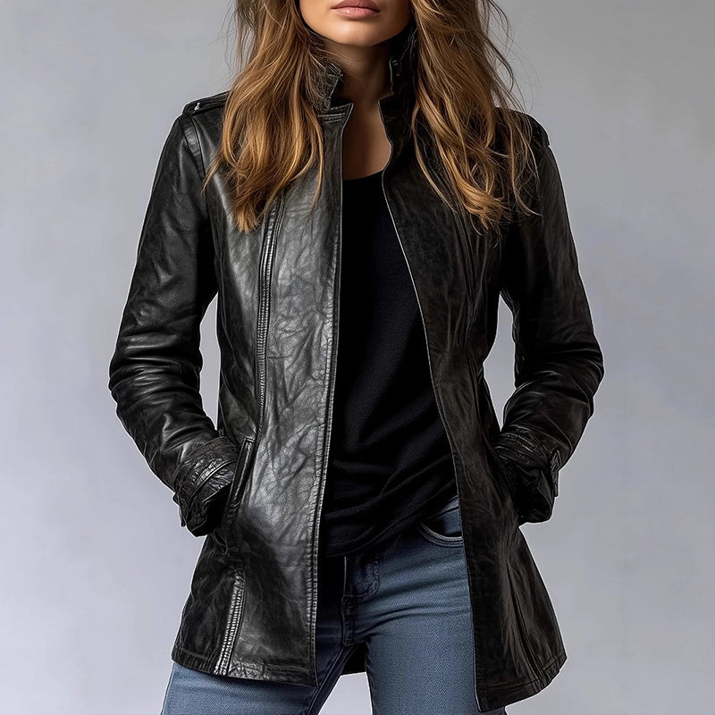 Cardigan Leather Coat with Pockets