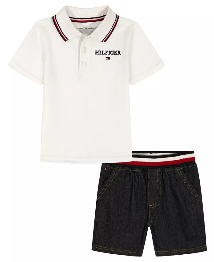 Baby Boys' Polo Collar T-Shirt & Ribbed Waistband Shorts, 2-Piece Set
