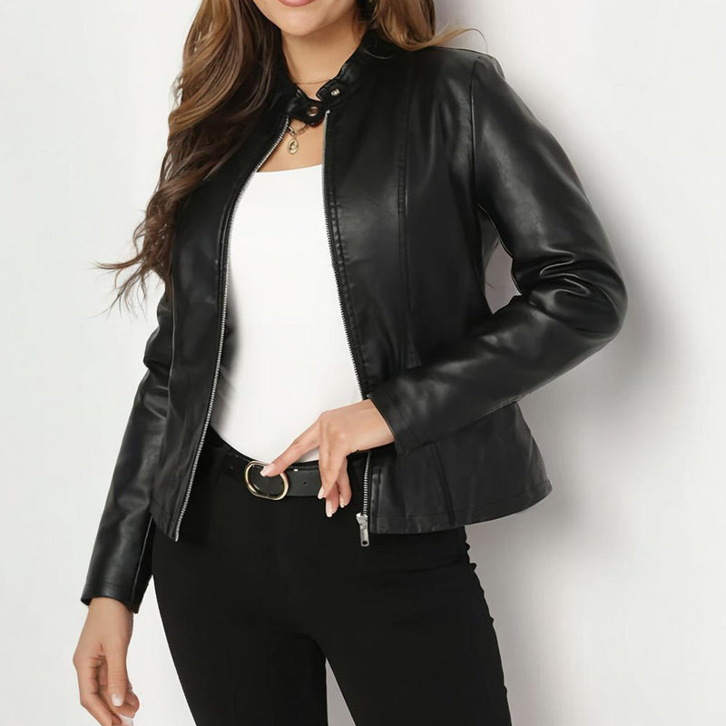Long Sleeve Stand Collar Faux Leather Blazer