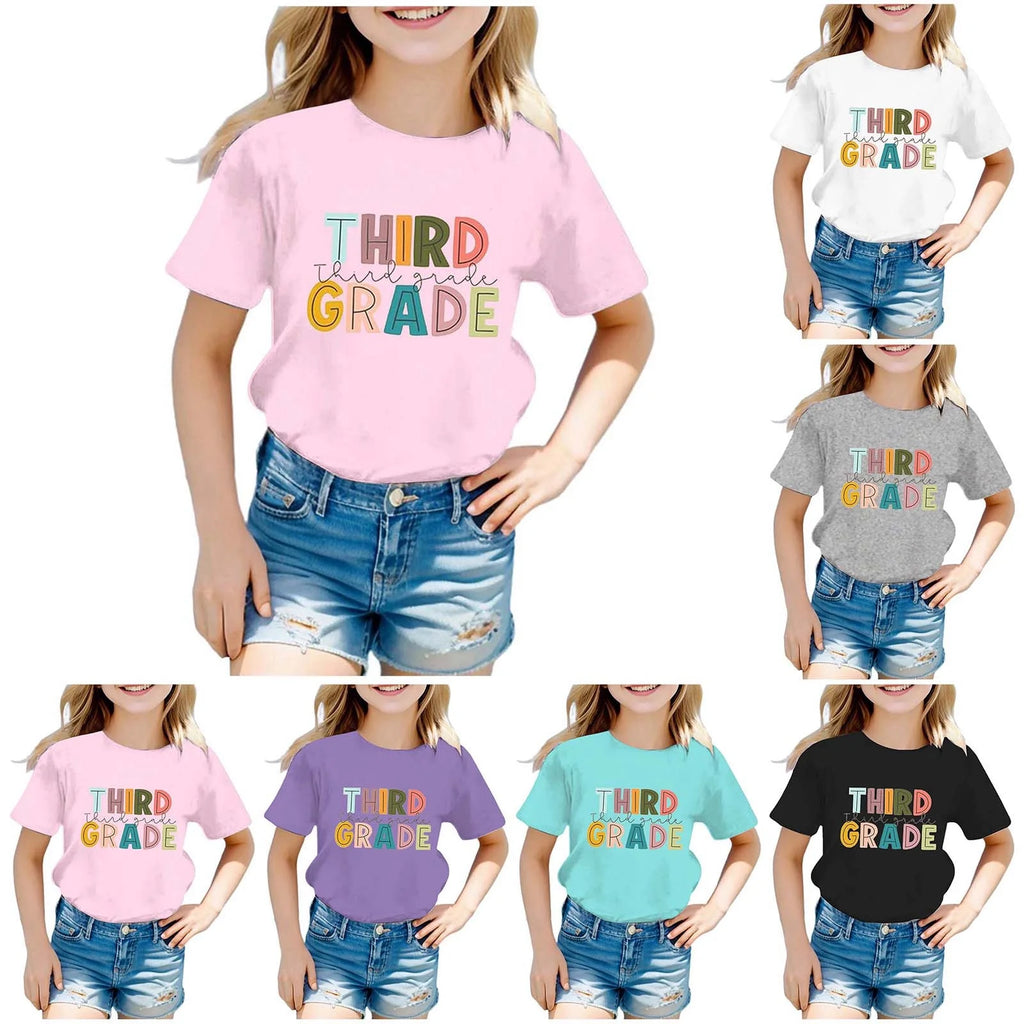 First Day of School Shirts for Girls Kindergarten Pre K First Grade Casual Short Sleeve Embroidered T-Shirt Toddler Girl Summer Clothes