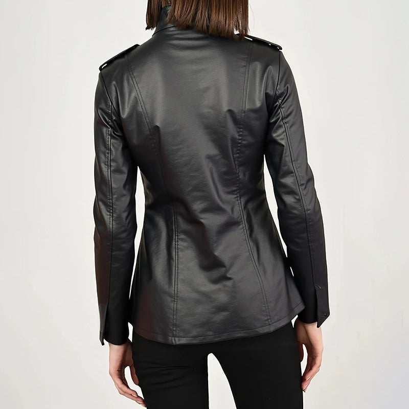 Cardigan Leather Coat with Pockets
