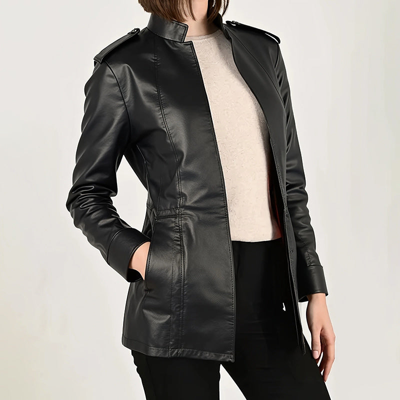 Cardigan Leather Coat with Pockets