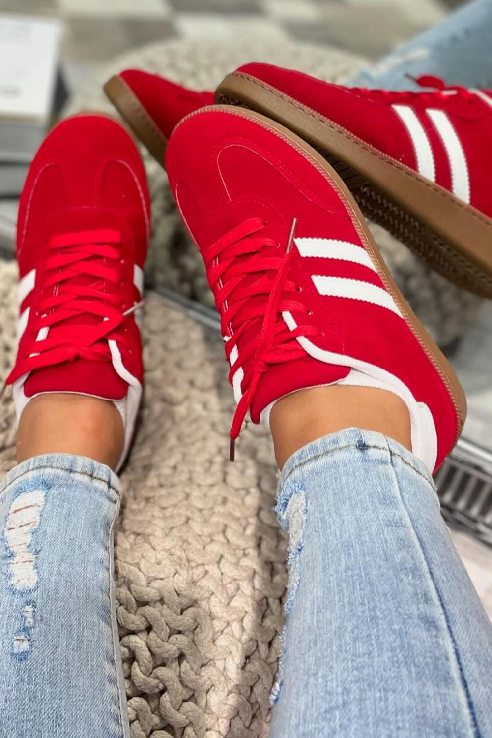 Red Lace-up Flat Shoes