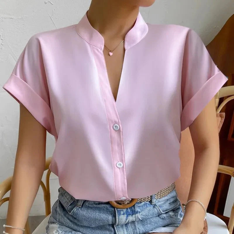 Women's Satin V-Neck Short Sleeve Shirt