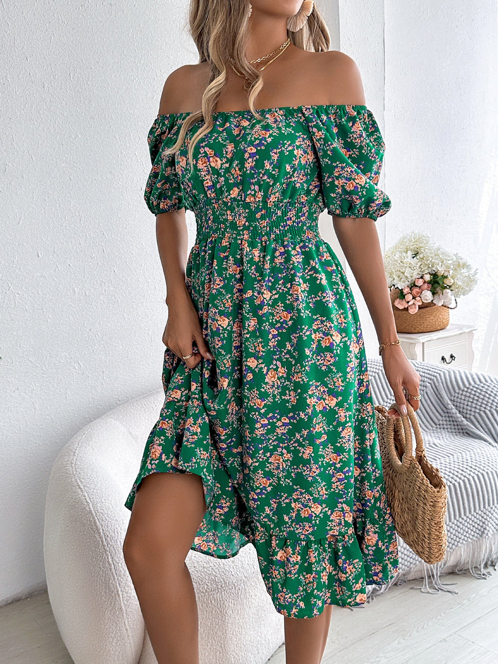 Floral Print Square Collar Dress Summer Fashion
