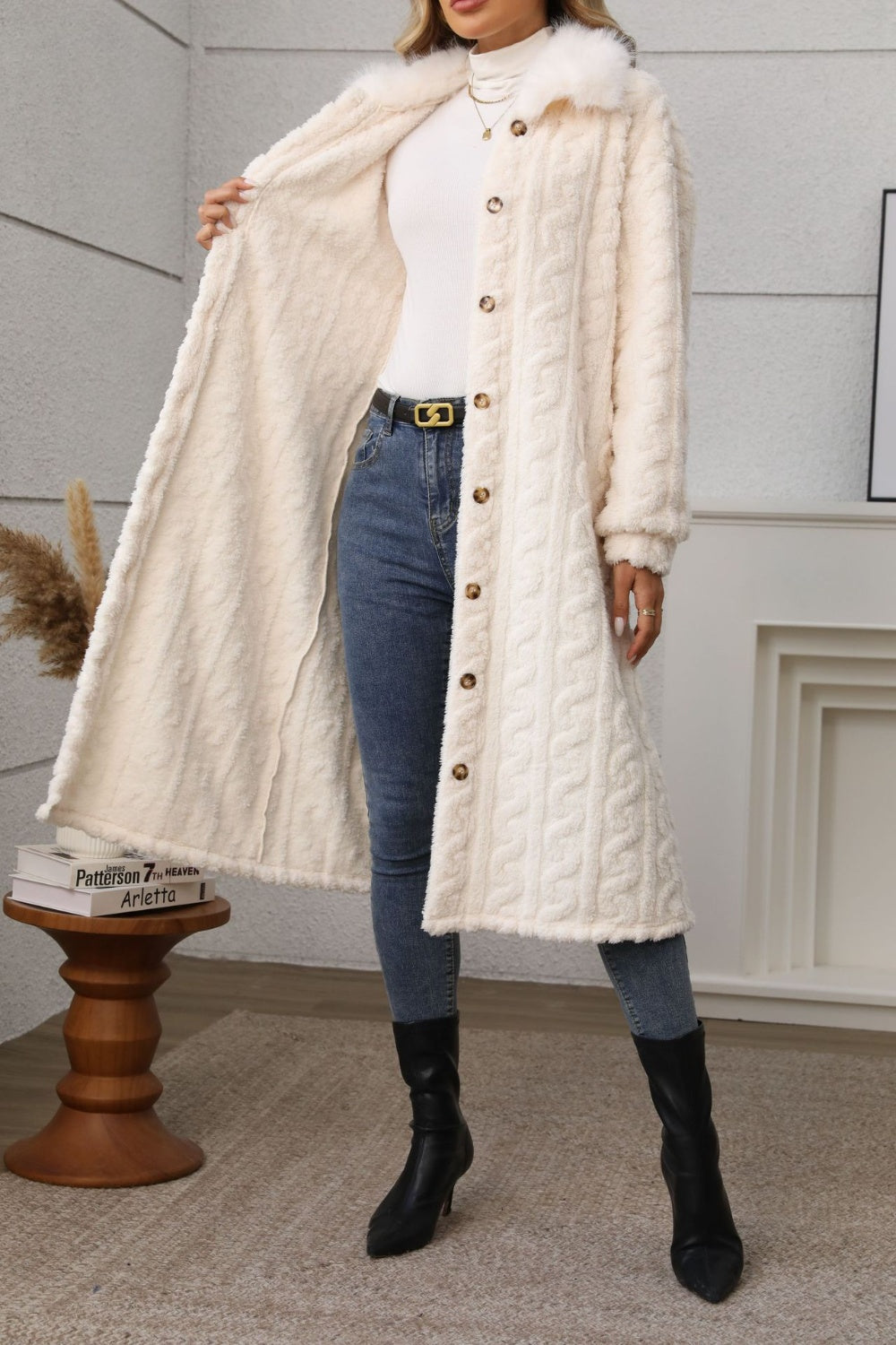 Coat-Furry Button Up Long Sleeve Longline
