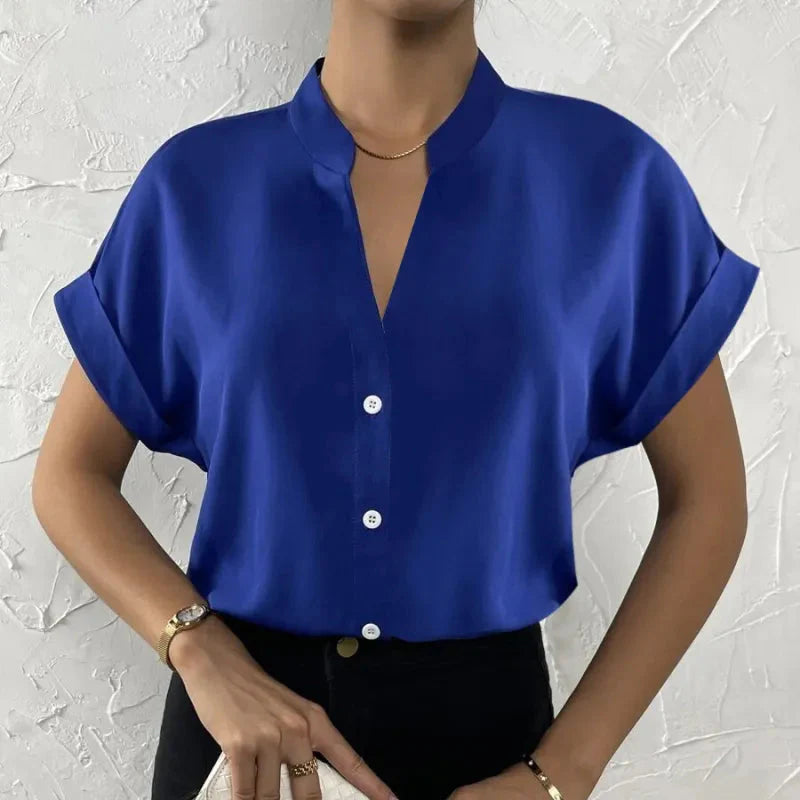 Women's Satin V-Neck Short Sleeve Shirt