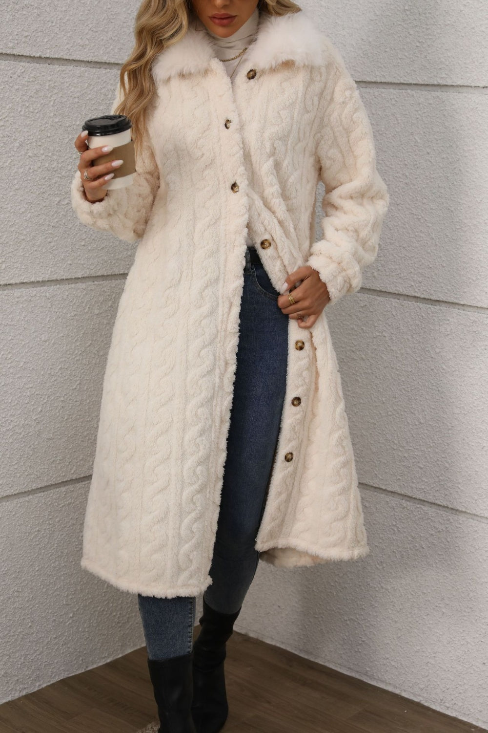 Coat-Furry Button Up Long Sleeve Longline