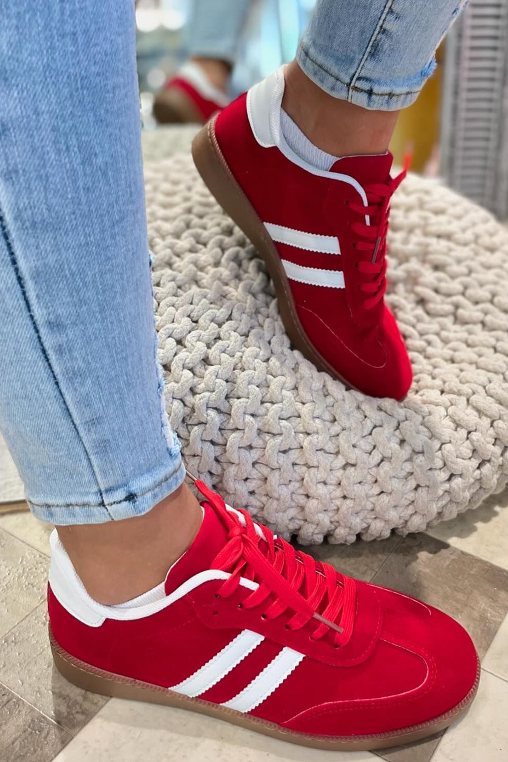 Red Lace-up Flat Shoes