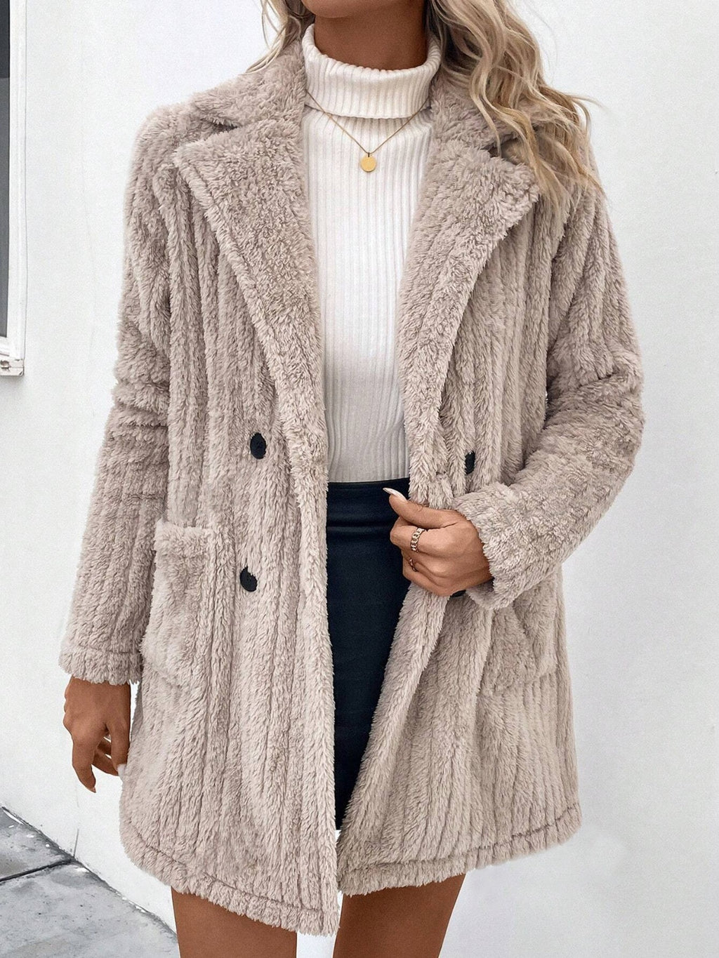 Fuzzy Button Up Long Sleeve Coat with Pocket