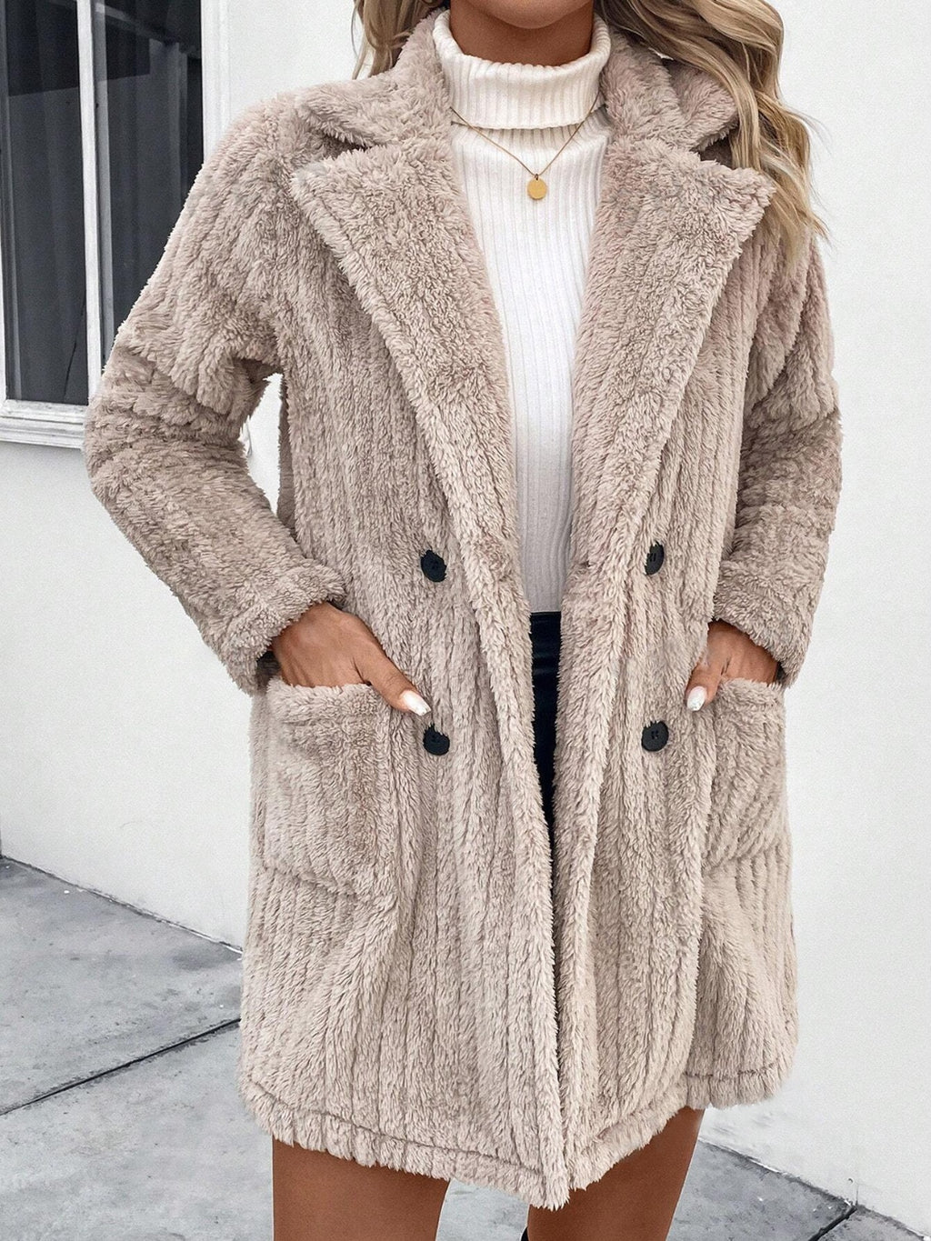 Fuzzy Button Up Long Sleeve Coat with Pocket