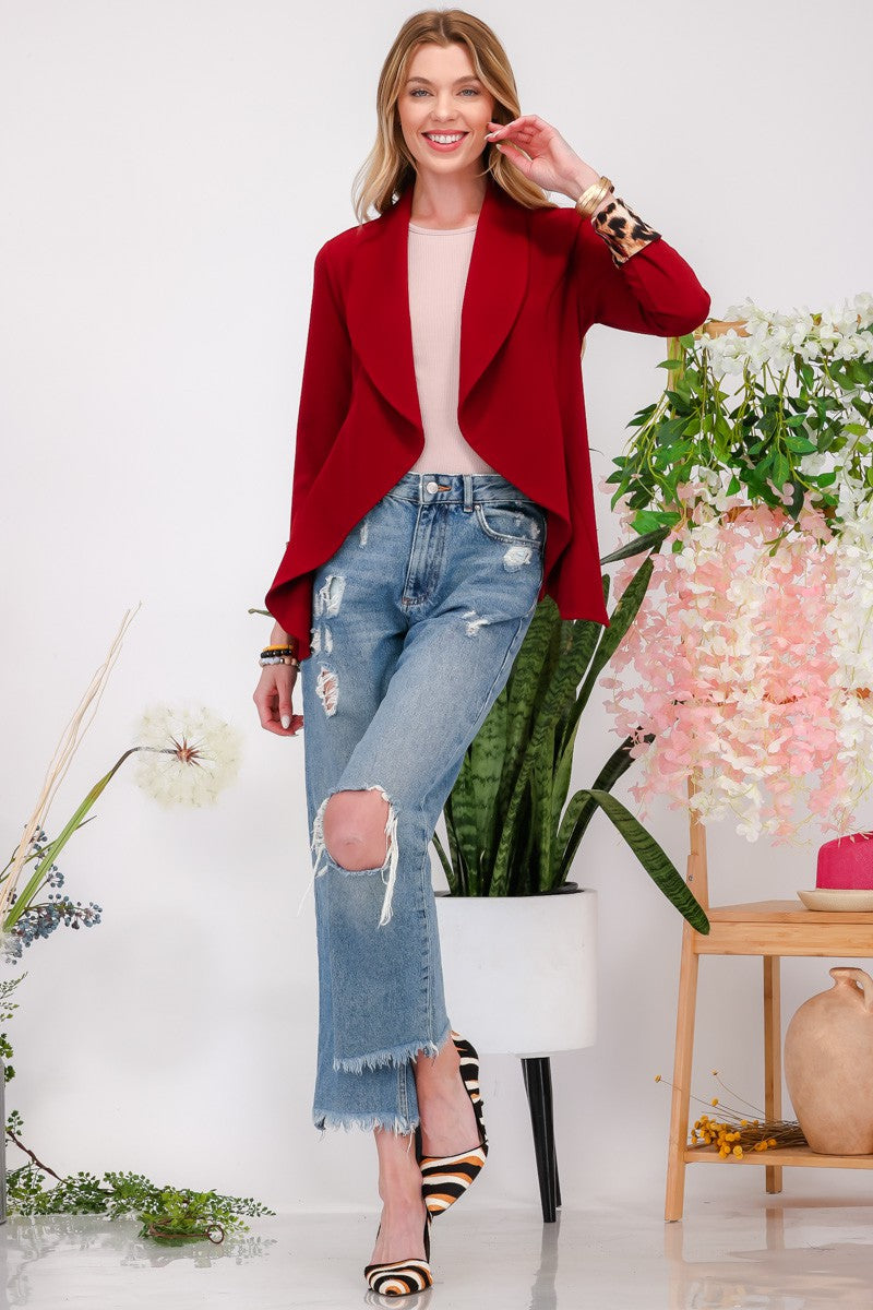 Blazer-Rolled Leopard Cuff Open Front Blazer