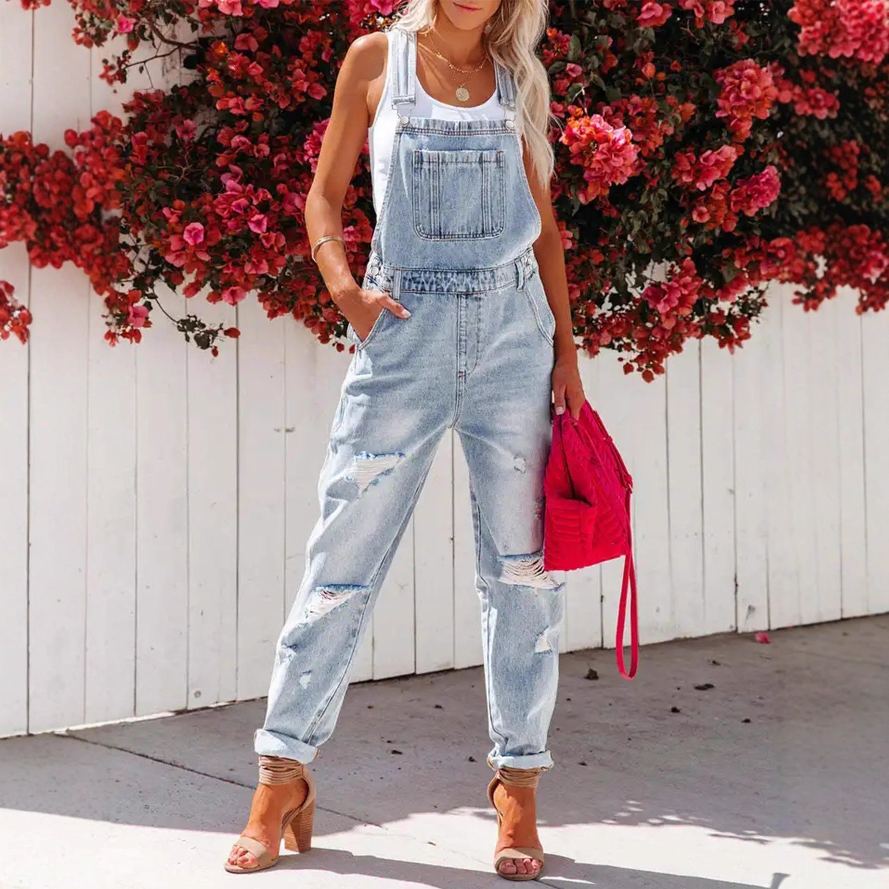 Cropped Ripped Denim Overalls