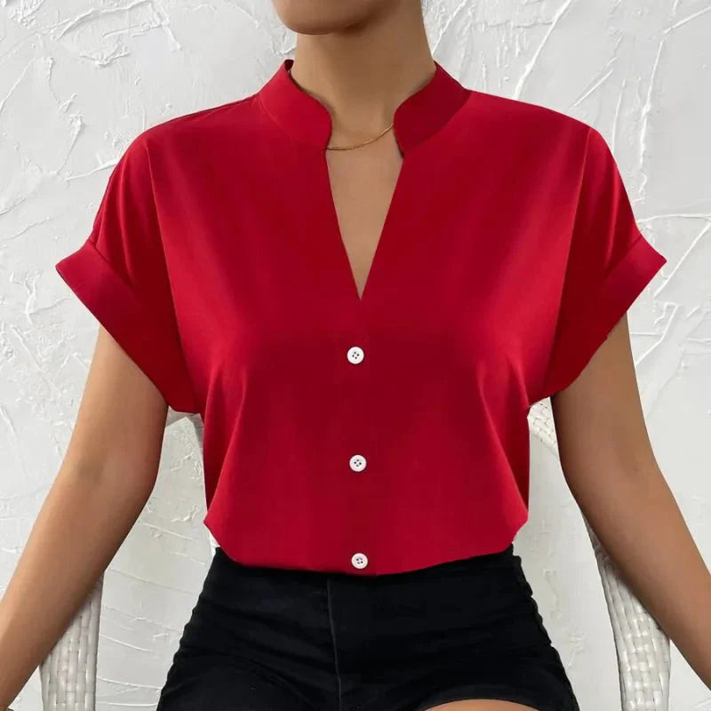 Women's Satin V-Neck Short Sleeve Shirt