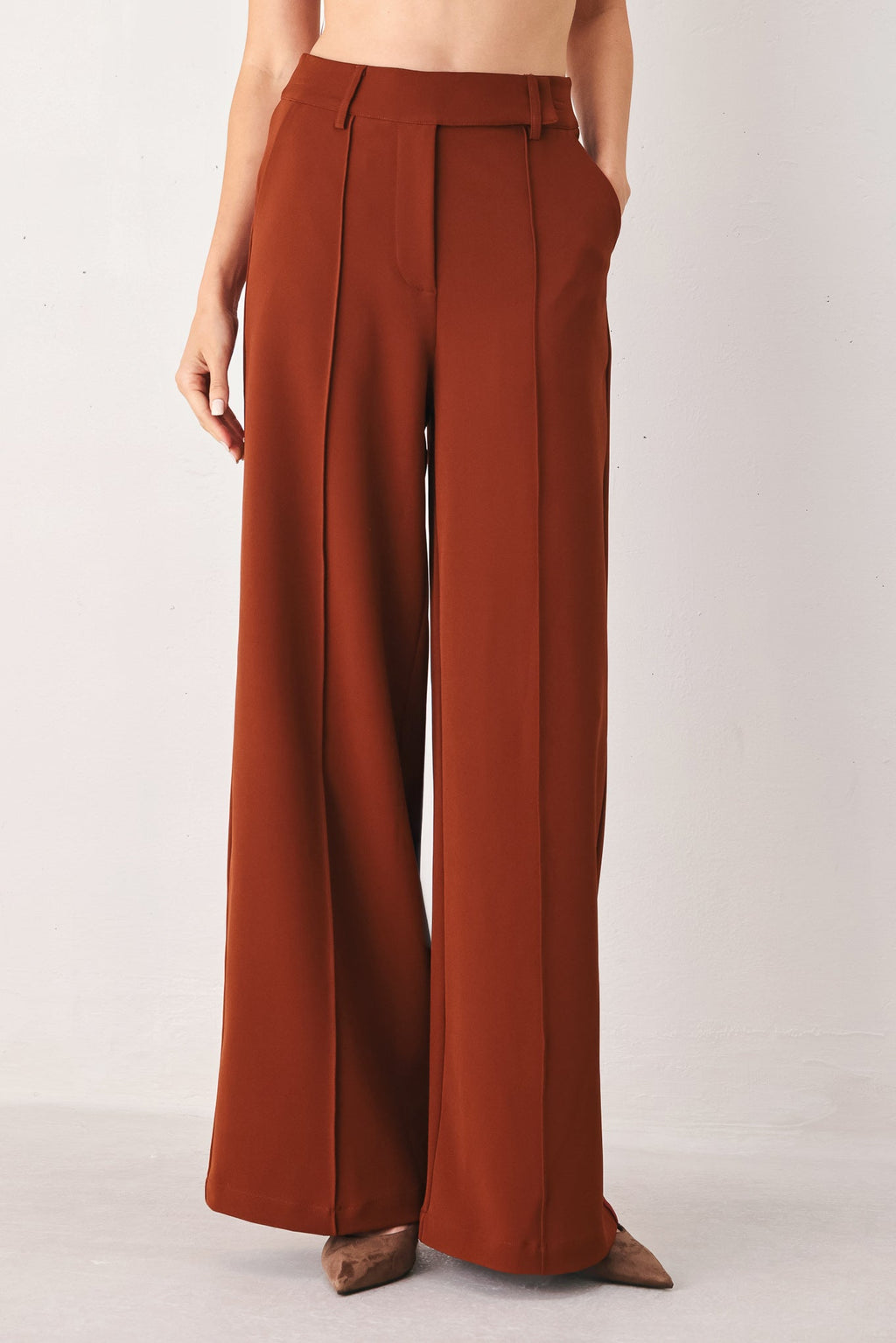 RUST FLOWY WIDE LEG WOVEN PANTS