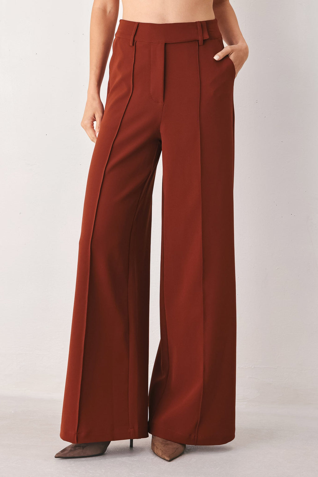 RUST FLOWY WIDE LEG WOVEN PANTS