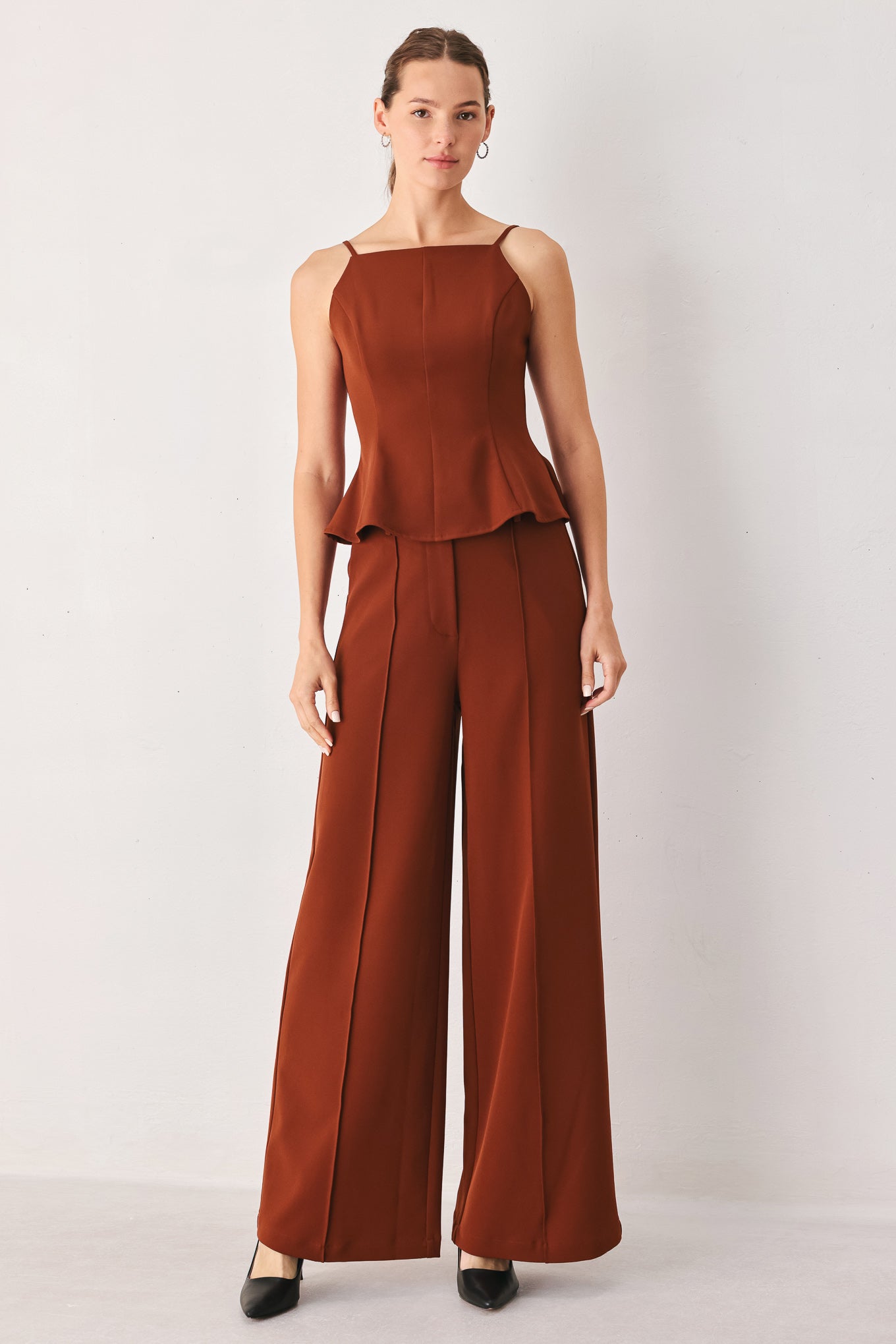 RUST FLOWY WIDE LEG WOVEN PANTS