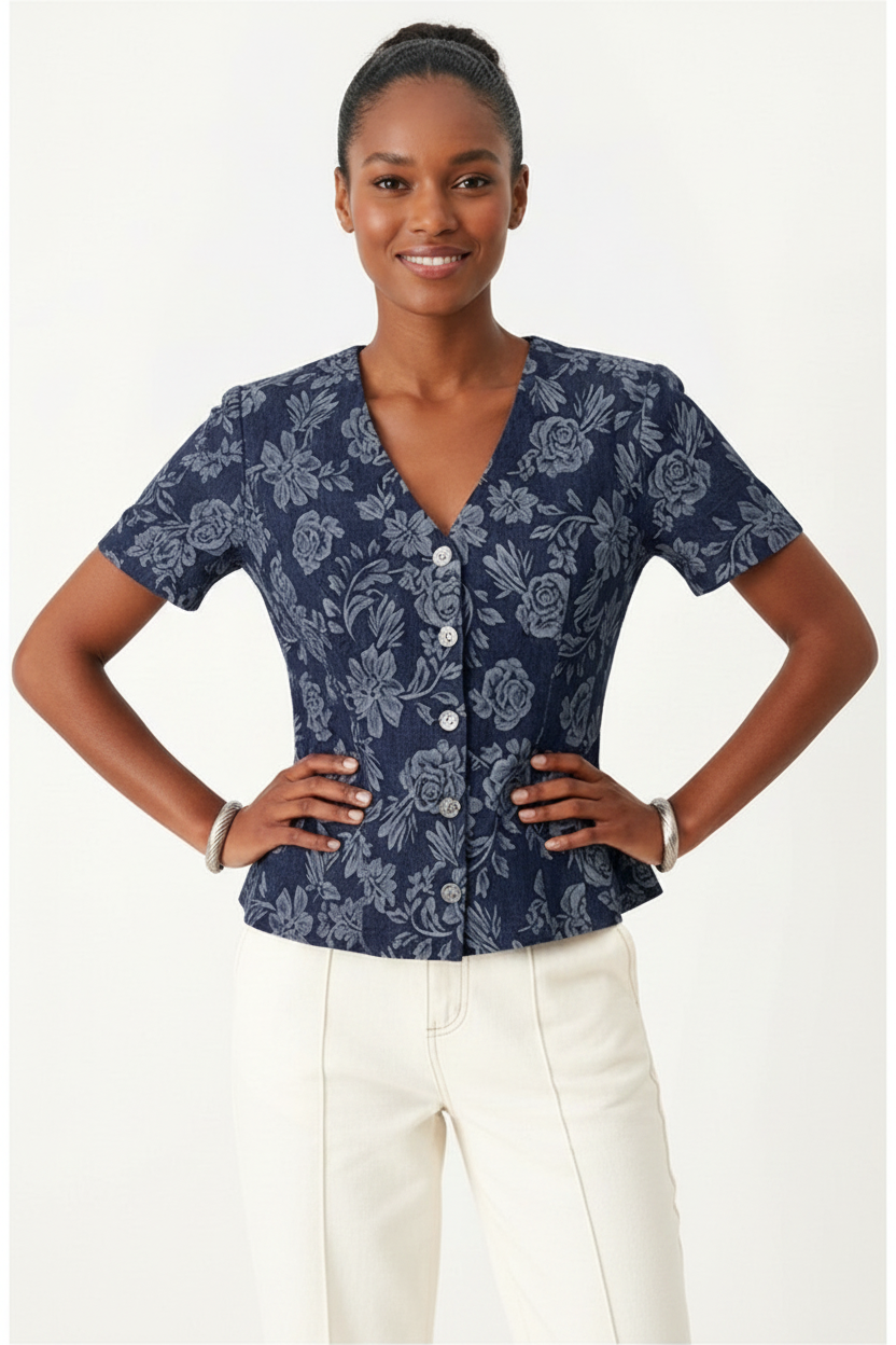 ROSETTE FLORAL WOVEN JACQUARD TOP