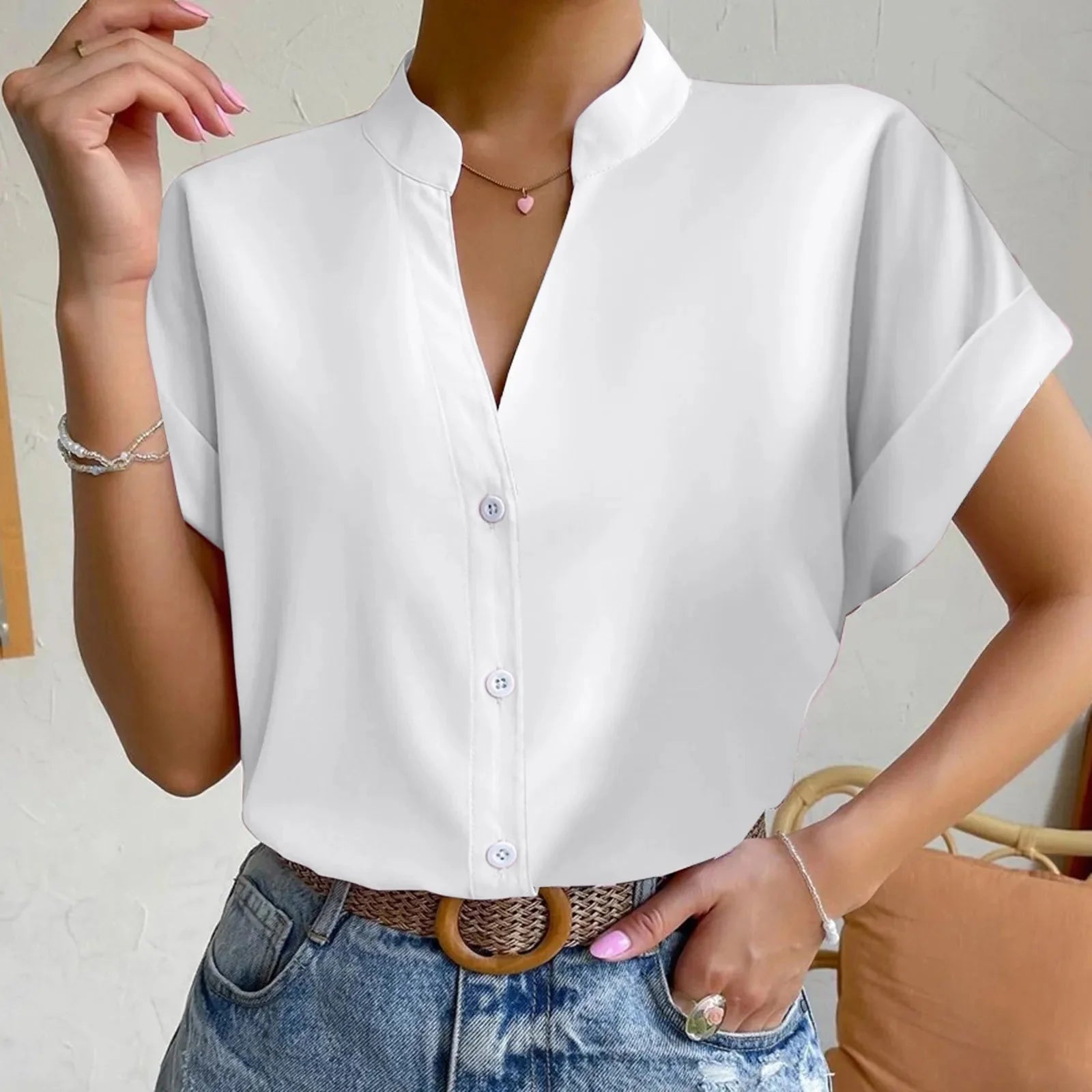 Women's Satin V-Neck Short Sleeve Shirt
