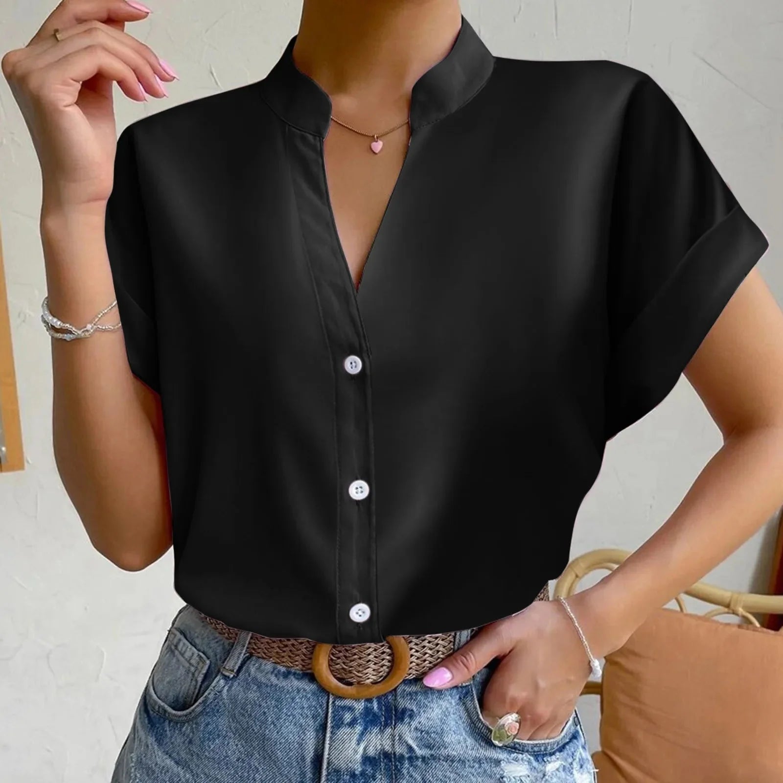 Women's Satin V-Neck Short Sleeve Shirt