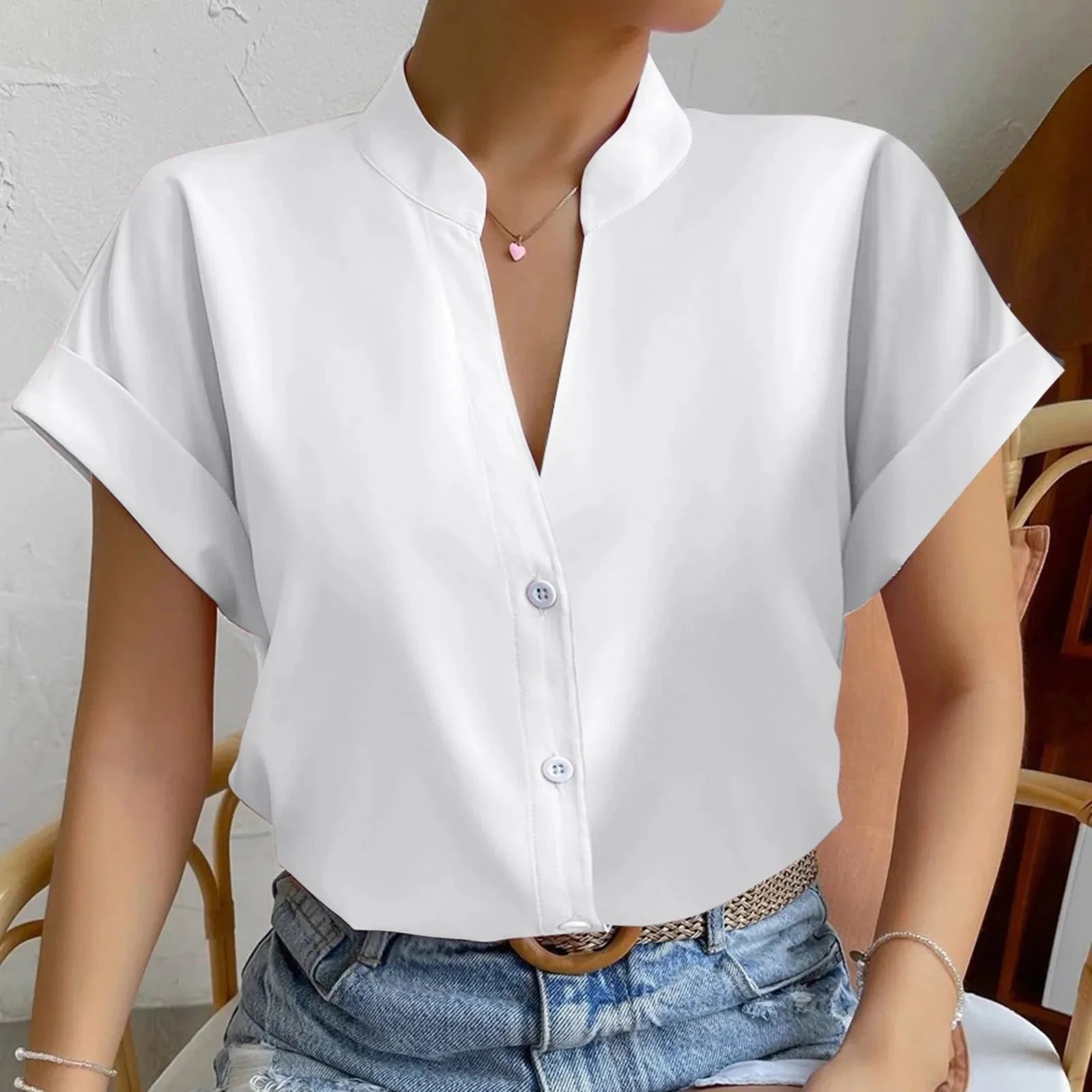 Women's Satin V-Neck Short Sleeve Shirt