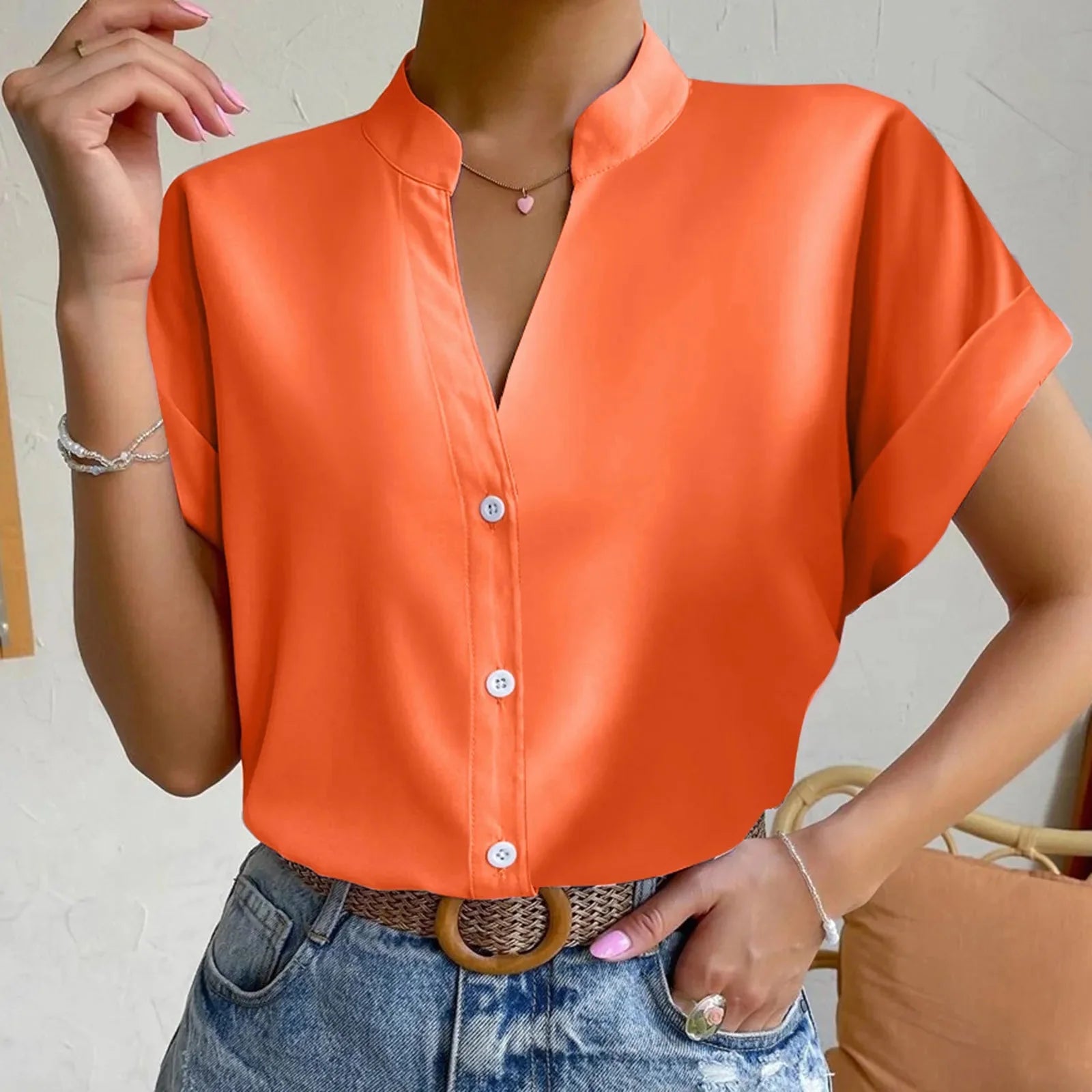 Women's Satin V-Neck Short Sleeve Shirt