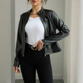 Long Sleeve Stand Collar Faux Leather Blazer