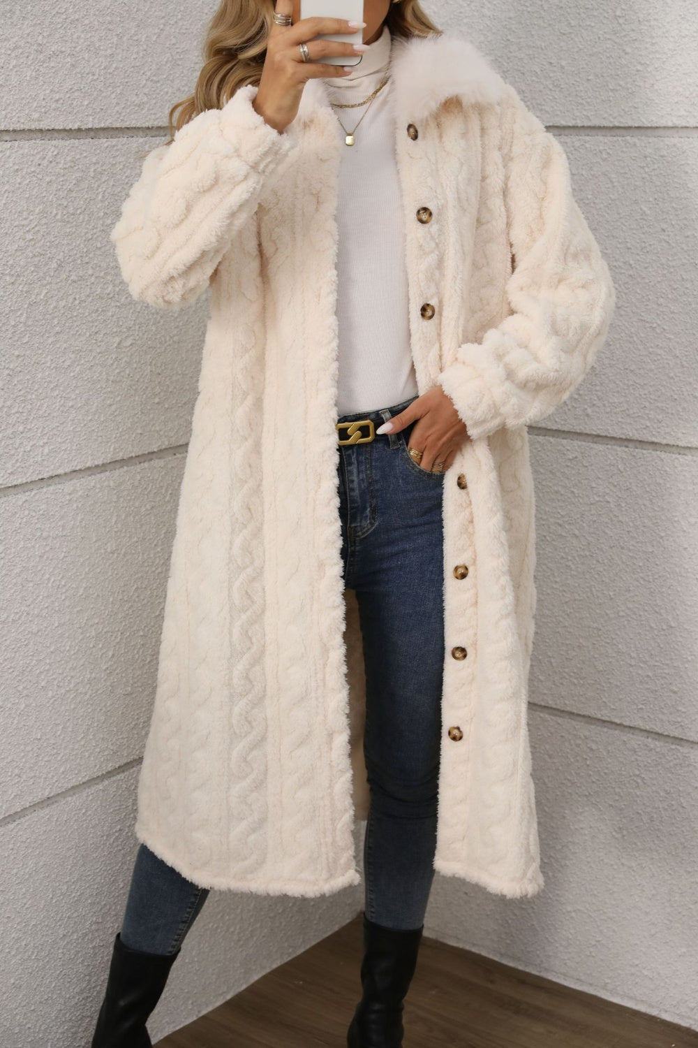 Coat-Furry Button Up Long Sleeve Longline