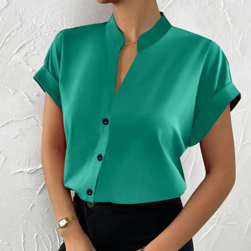 Women's Satin V-Neck Short Sleeve Shirt
