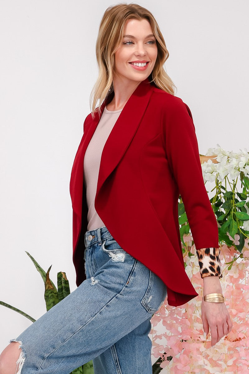 Blazer-Rolled Leopard Cuff Open Front Blazer