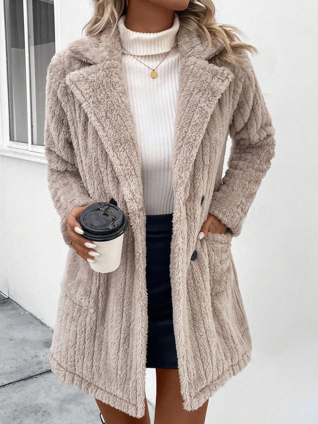 Fuzzy Button Up Long Sleeve Coat with Pocket