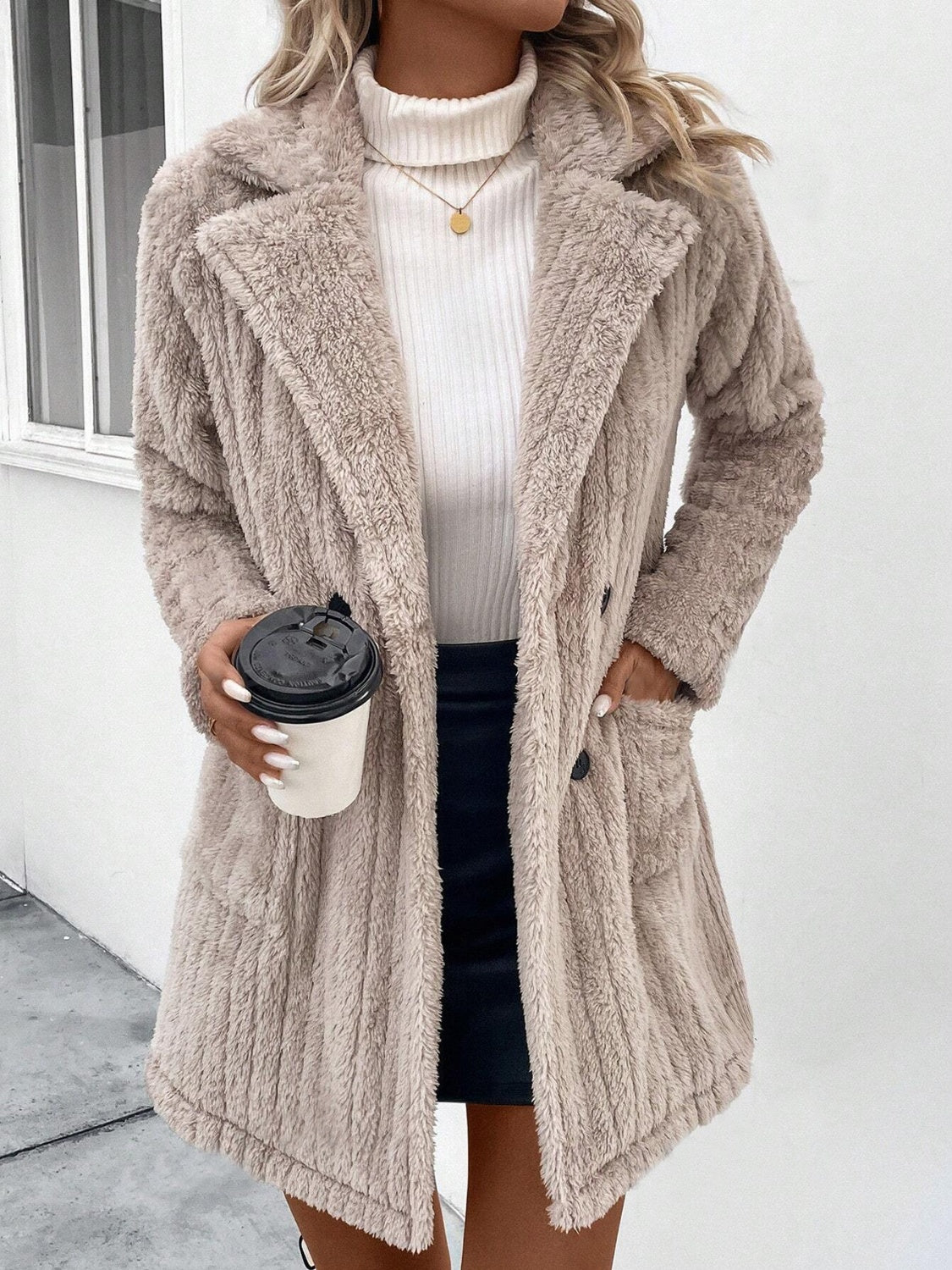 Fuzzy Button Up Long Sleeve Coat with Pocket