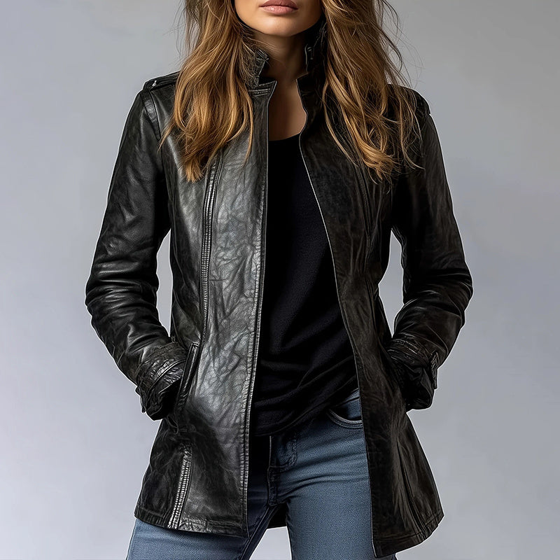 Cardigan Leather Coat with Pockets