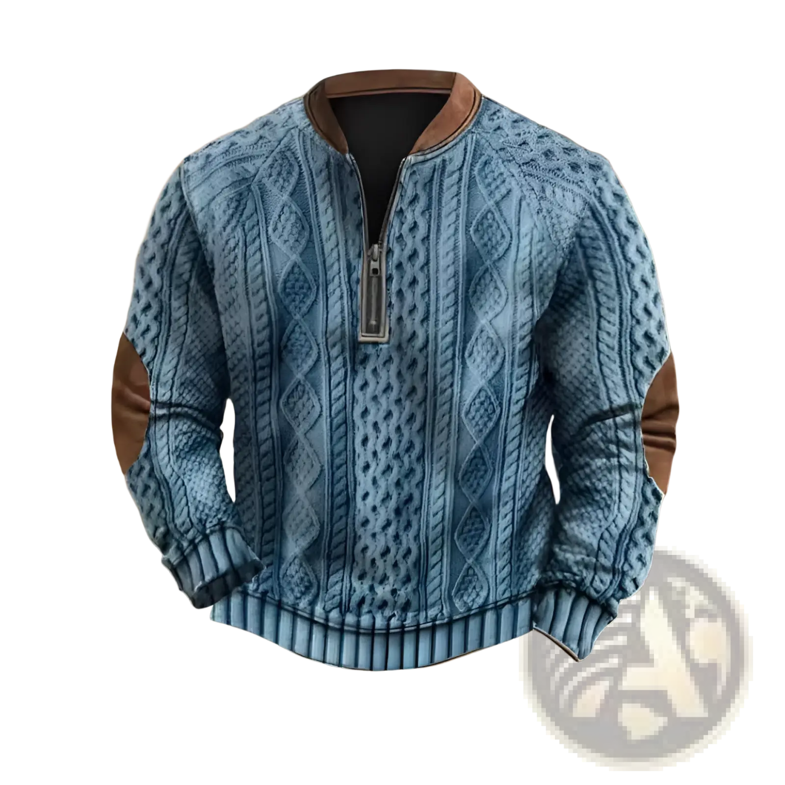 Men's Cable Knit Half Zip Sweater with Leather Accents