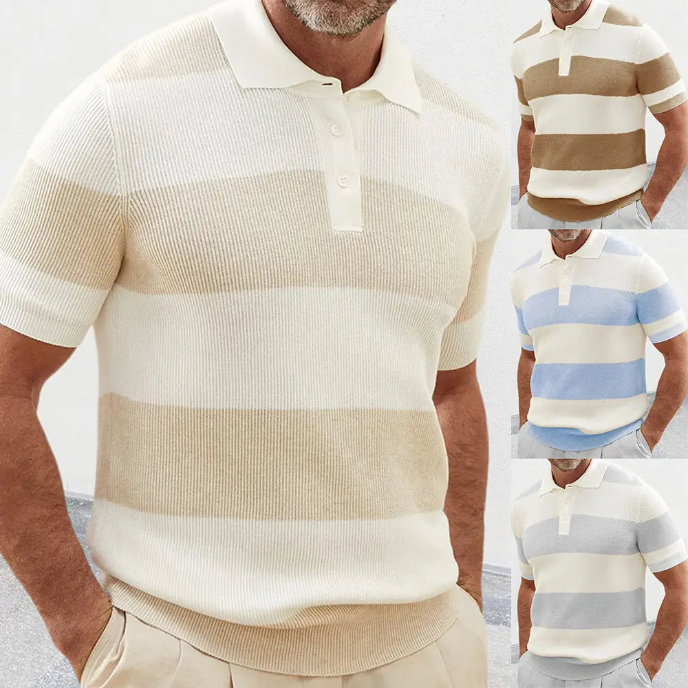 Men's Striped Ribbed Knit Short Sleeve Polo Sweater
