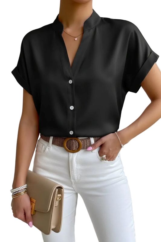 Women's Satin V-Neck Short Sleeve Shirt